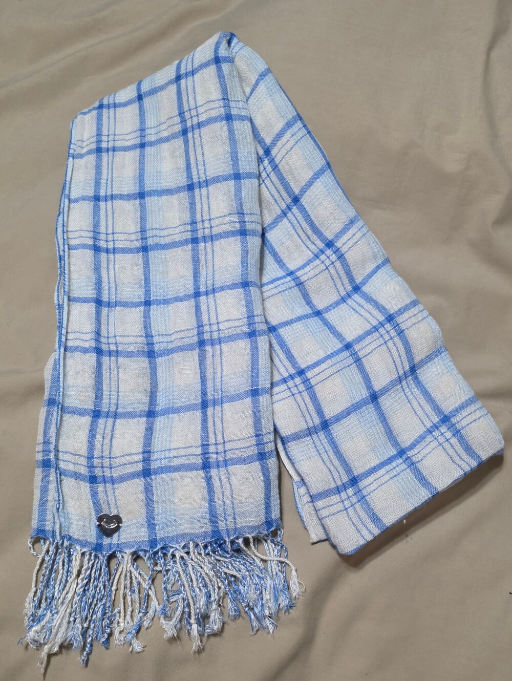 Vintage Juicy Couture Blue & White Plaid Scarf/Wrap Fringe Silver Hardware Y2K